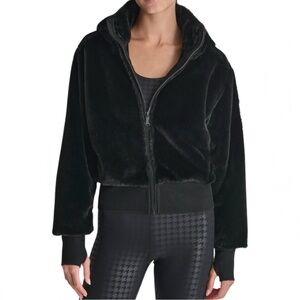 DKNY Sport Teddy Zip Jacket Black Hooded Fleece L NWT Winter Cozy Gift Ready